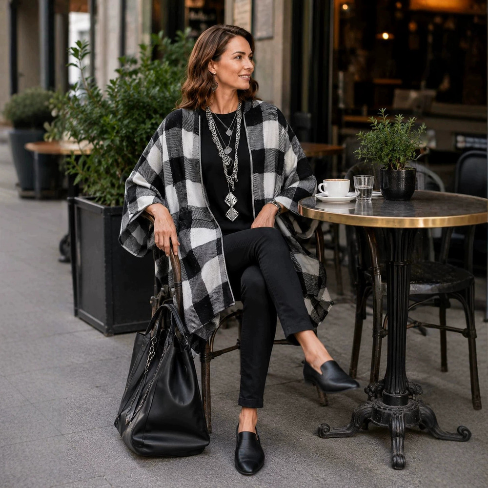 Zara Fall Winter Loose Cape Coat Plaid Cloak Top